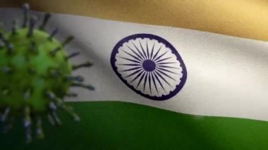 3 boyutlu, koronavirüs salgını ile dalgalanan Hint bayrağı solunum sistemini tehlikeli grip olarak etkiliyor. Covid 19 tipi grip virüsü. Arka planda Hindistan pankartı var. Salgın riski kavramı - Dan