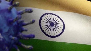 3 boyutlu, Hint bayrağı üzerinde sallanan grip koronavirüsü solunum yoluna saldıran bir patojen. Hindistan afişi Covid19 virüs enfeksiyonu salgınıyla sallanıyor. Gerçek kumaş dokusu Asteğmen Dan