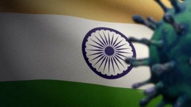 3D, Hint bayrağı sallama ve Coronavirus 2019 nCov konsepti. Hindistan 'daki Asya salgını, koronavirüs gribi salgını, salgın gibi grip salgını. Mikroskop virüsü Covid19 'u kapatın.