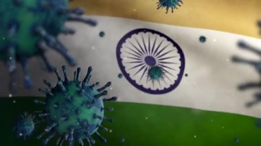 3 boyutlu, Hint bayrağı üzerinde sallanan grip koronavirüsü solunum yoluna saldıran bir patojen. Hindistan afişi Covid19 virüs enfeksiyonu salgınıyla sallanıyor. Gerçek kumaş dokusu Asteğmen Dan