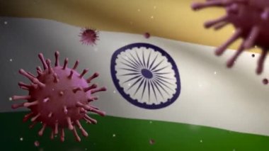 3 boyutlu, koronavirüs salgını ile dalgalanan Hint bayrağı solunum sistemini tehlikeli grip olarak etkiliyor. Covid 19 tipi grip virüsü. Arka planda Hindistan pankartı var. Salgın riski kavramı - Dan
