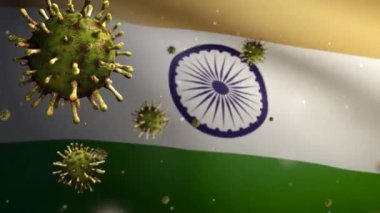 3D, Hint bayrağı sallama ve Coronavirus 2019 nCov konsepti. Hindistan 'daki Asya salgını, koronavirüs gribi salgını, salgın gibi grip salgını. Mikroskop virüsü Covid19 'u kapatın.