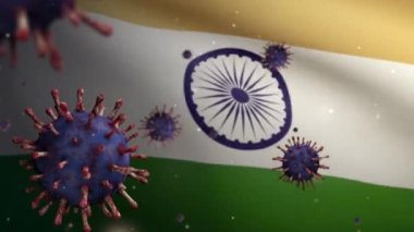 3 boyutlu, Hint bayrağı üzerinde sallanan grip koronavirüsü solunum yoluna saldıran bir patojen. Hindistan afişi Covid19 virüs enfeksiyonu salgınıyla sallanıyor. Gerçek kumaş dokusu Asteğmen Dan