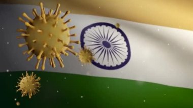 3 boyutlu, koronavirüs salgını ile dalgalanan Hint bayrağı solunum sistemini tehlikeli grip olarak etkiliyor. Covid 19 tipi grip virüsü. Arka planda Hindistan pankartı var. Salgın riski kavramı - Dan
