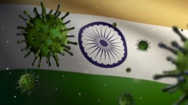 3D, Hint bayrağı sallama ve Coronavirus 2019 nCov konsepti. Hindistan 'daki Asya salgını, koronavirüs gribi salgını, salgın gibi grip salgını. Mikroskop virüsü Covid19 'u kapatın.
