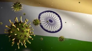 3D, Hint bayrağı sallama ve Coronavirus 2019 nCov konsepti. Hindistan 'daki Asya salgını, koronavirüs gribi salgını, salgın gibi grip salgını. Mikroskop virüsü Covid19 'u kapatın.