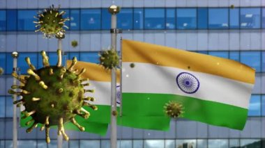 Modern gökdelen şehrinde Coronavirüs salgını ve tehlikeli grip salgını dalgalanan 3 boyutlu Hint bayrağı. Güzel yüksek kule ve grip virüsü 19 virüsü. Arka planda Hindistan afişi sallanıyor.