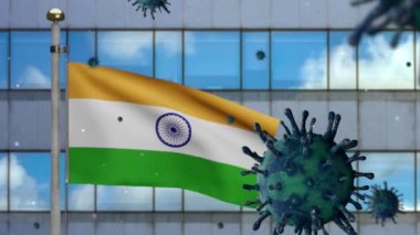 Modern gökdelen şehrinde Coronavirüs salgını ve tehlikeli grip salgını dalgalanan 3 boyutlu Hint bayrağı. Güzel yüksek kule ve grip virüsü 19 virüsü. Arka planda Hindistan afişi sallanıyor.