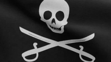 3D, rüzgarda dalgalanan kılıç bayraklı korsan kafatasının kumaş dokusu. Calico Jack korsan sembolü hacker ve hırsız konsepti. Dalgalı yüzey üzerinde siyah Korsanların gerçekçi bayrağı