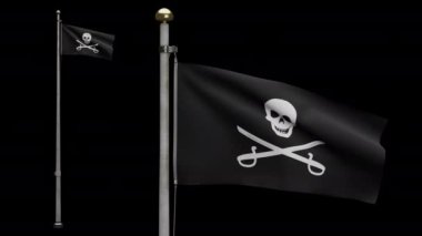 3D, kumaş desenli korsan kafatasının alfa kanalı rüzgarda dalgalanan kılıç bayrağı. Calico Jack korsan sembolü hacker ve hırsız konsepti. Dalgalı yüzey üzerinde siyah Korsanların gerçekçi bayrağı
