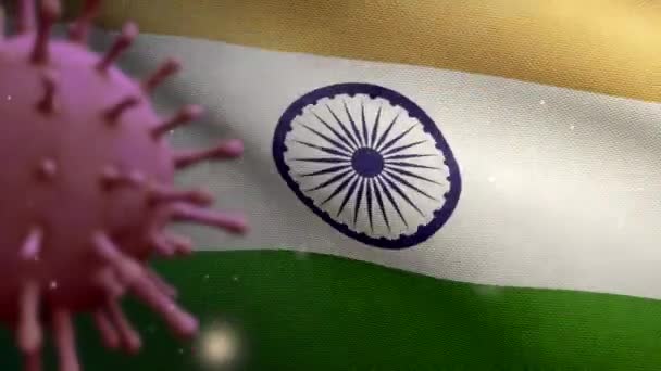 Griep Coronavirus Zwevend Boven Indiase Vlag Een Ziekteverwekker Die Luchtwegen — Stockvideo