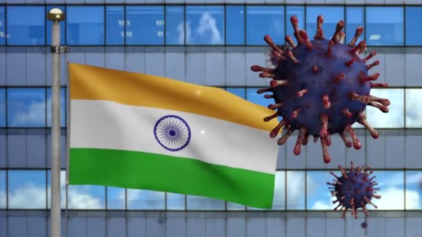 3D展示了印度国旗在现代摩天大楼城市与科罗纳维斯2019 美丽的高塔和爆发在印度 Covid Dan显微镜病毒 — 图库视频影像