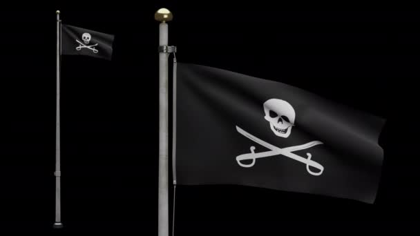 Kumaş Desenli Korsan Kafatasının Alfa Kanalı Rüzgarda Dalgalanan Kılıç Bayrağı — Stok video