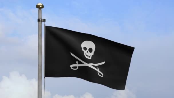 Textura Tecido Crânio Pirata Com Bandeira Sabres Acenando Vento Com — Vídeo de Stock