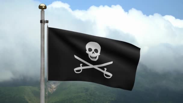 Textura Tela Calavera Pirata Con Sables Bandera Ondeando Viento Montaña — Vídeo de stock