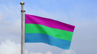 Mavi gökyüzü bulutlarıyla rüzgarda dalgalanan 3D Polysexuality bayrağı. Çok cinsiyetli afiş, yumuşak ve pürüzsüz ipek. Kumaş kumaş dokusu, Asteğmen. Gurur günü ve etkinlik konsepti için kullan.