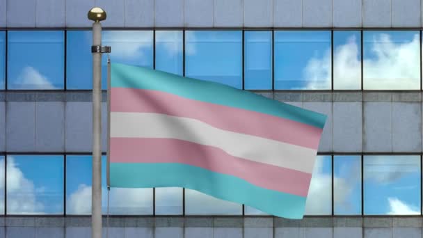 Флаг Транссексуальности Машущий Ветром Современном Городе Транссексуальный Баннер Мягкий Гладкий — стоковое видео