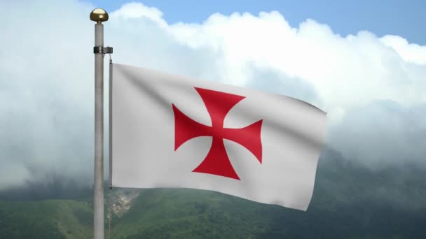 Ridders Templars Vlag Zwaaien Wind Berg Arme Medesoldaten Van Christus — Stockvideo