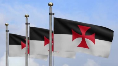 Şövalyeler mavi gökyüzünde dalgalanan rüzgarda bayrak sallıyor. İsa 'nın zavallı askerleri ve Süleyman' ın tapınağı. Yumuşak ve pürüzsüz ipek.