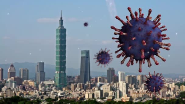 Ilustrace Virus Chřipky Covid Krásnou Moderní Vysokou Věží Finanční Čtvrti — Stock video