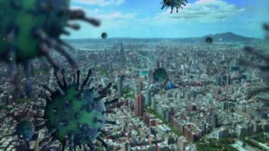 Taipei modern şehrinde dolaşan 3 boyutlu grip koronavirüsü. Tayvan 'daki gökdelenlerin ve sokakların en iyi hava manzarası Covid19 virüs salgını konsepti.