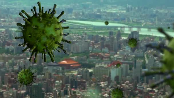 Coronavirusul Gripei Plutește Peste Oraș Modern Din Taipei Vedere Aeriană — Videoclip de stoc