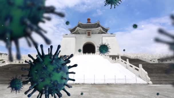 Ilustração Gripe Coronavírus Flutuando Monumento Portão Marco Chiang Kai Shek — Vídeo de Stock