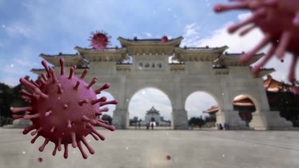 Illustration Flu Coronavirus Floating Landmark Entrance Gate Monument Chiang Kai — 图库视频影像