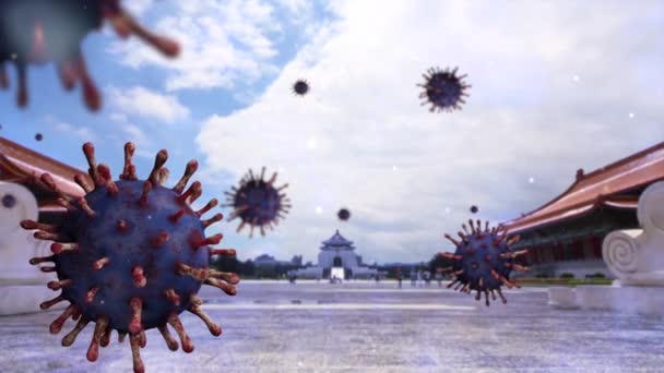 Illustrazione Virus Covid Sulla Sala Commemorativa Della Città Taipei Monumento — Video Stock