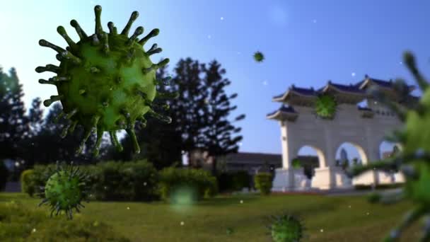3Dイラスト 台北市の記念館でウイルスCovid 記念碑チェンマイ甲斐石のランドマークとコロナウイルスの発生のパイファンの入り口 台湾でとても有名な観光名所 — ストック動画