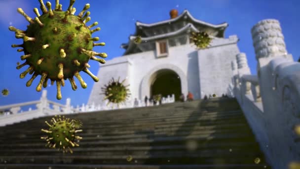 Illustration Flu Coronavirus Floating Landmark Gate Monument Chiang Kai Shek — 图库视频影像