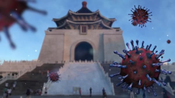 Ilustração Gripe Coronavírus Flutuando Monumento Portão Marco Chiang Kai Shek — Vídeo de Stock