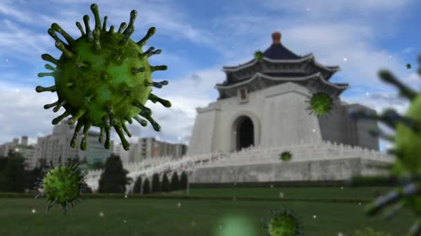 Illustration Grippe Coronavirus Schwimmt Auf Wahrzeichen Denkmal Der Chiang Kai — Stockvideo