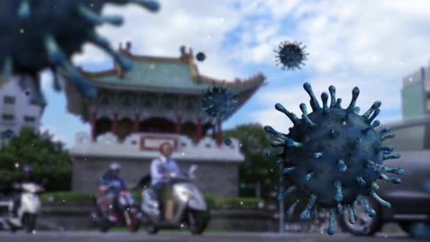 Ілюстрації Грип Coronavirus Плаває Над Історичними Допоміжними Південними Воротами Тайбею — стокове відео