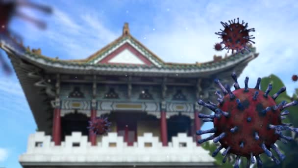 Illustratie Griep Coronavirus Zwevend Een Historische Taipei East Gate Jingfu — Stockvideo