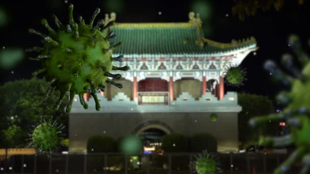Illustratie Griep Coronavirus Zwevend Een Historische Taipei East Gate Jingfumen — Stockvideo