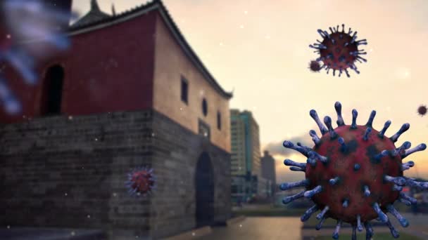 Boyutlu Illüstrasyon Coronavirus 2019 Ncov Konseptli Tarihi Taipei Kuzey Kapısı — Stok video