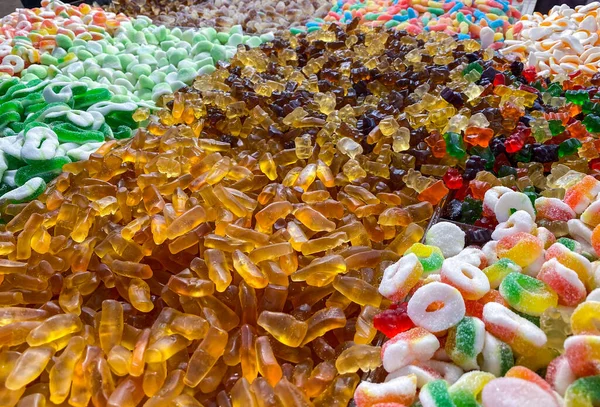 Zbliżenie Tła Kolorowych Słodyczy Cukierków Cukrowych Asortyment Smaczne Gummy — Zdjęcie stockowe