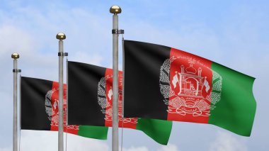 3D, Afgan bayrağı dalgalanan bulutlar ve mavi gökyüzü. Afganistan afişi, yumuşak ve pürüzsüz ipek. Kumaş kumaş dokusu, Asteğmen. Ulusal gün ve ülke etkinlikleri konsepti için kullan..