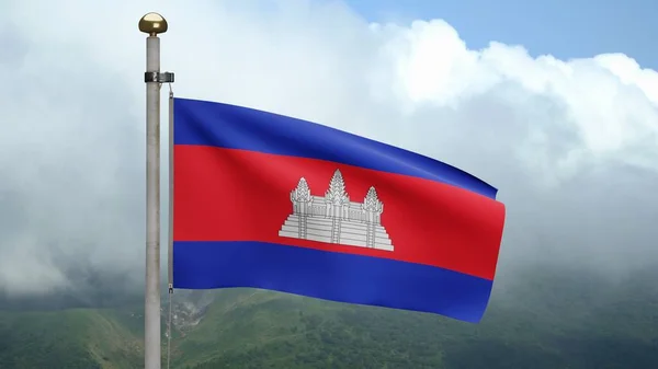 Kambodžská Vlajka Vlnící Větru Hoře Detailní Záběr Kambodžského Praporu Fouká — Stock fotografie
