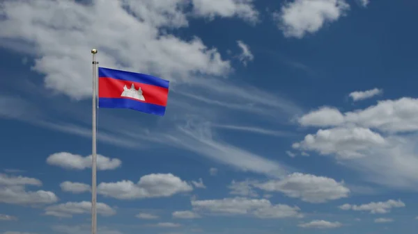 カンボジアの旗風に雲と青空を振って カンボジアのバナーを吹いて 柔らかく滑らかなシルクを閉じます 布生地の質感が背景を包み込む — ストック写真