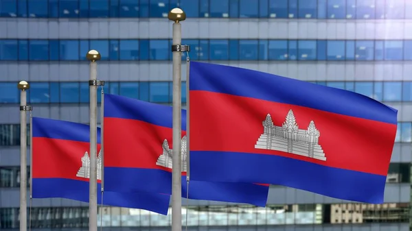 Kambodžská Vlajka Vlaje Větru Detailní Záběr Kambodžského Praporu Fouká Měkké — Stock fotografie