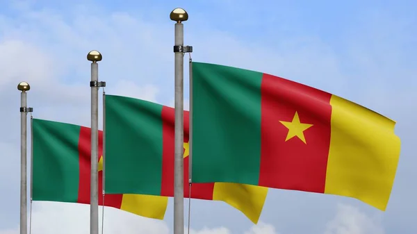 Kameruńczyk Flaga Macha Wietrze Błękitnym Niebem Chmurami Zbliżenie Kamerun Baner — Zdjęcie stockowe