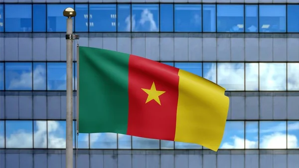 Kameruńska Flaga Machająca Wietrze Nowoczesnym Miastem Drapaczy Chmur Zbliżenie Kamerun — Zdjęcie stockowe