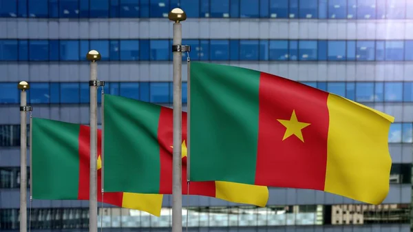 Kameruńska Flaga Machająca Wietrze Nowoczesnym Miastem Drapaczy Chmur Kameruński Sztandar — Zdjęcie stockowe