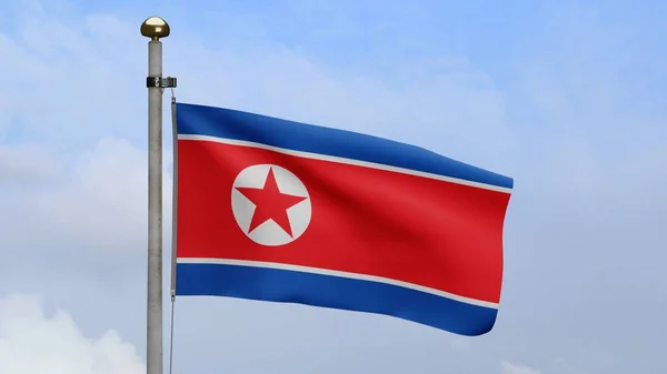 3D, North Korean flag waving on wind with blue sky and clouds. Korea banner blowing, soft and smooth silk. Cloth fabric texture ensign background. Use it for national day and country occasions concept.