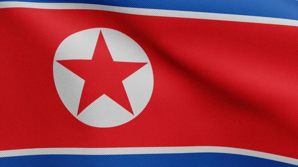 Bandeira Norte Coreana Acenando Vento Close Bandeira Coreia Soprando Seda — Fotografia de Stock