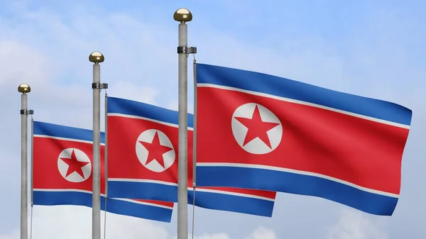 3D, North Korean flag waving on wind with blue sky and clouds. Close up of Korea banner blowing, soft and smooth silk. Cloth fabric texture ensign background.