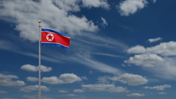 Bandeira Norte Coreana Acenando Vento Com Céu Azul Nuvens Close — Fotografia de Stock