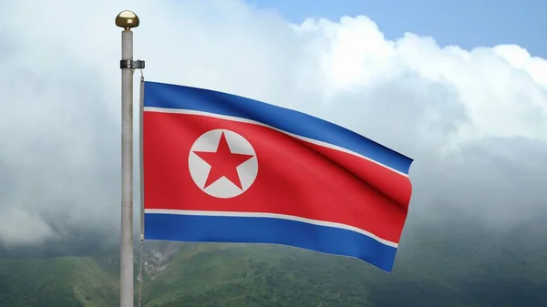 3D, North Korean flag waving on wind at mountain with clouds. Korea banner blowing, soft and smooth silk. Cloth fabric texture ensign background. Use it for national day and country occasions concept.